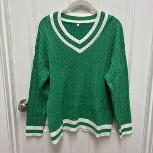 TENNIS PICKLEBALL GREEN WHITE V‎ NECK CABLE KNIT BOYFRIEND SWEATER MEDIUM